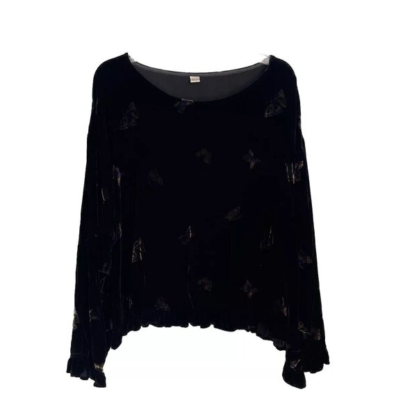 Kleen Black Velvet Shimmer Butterflies Ruffled Top Blouse Silk Blend - Picture 1 of 9